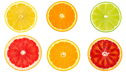 Fototapeta premium Citrus Slices Array Fresh Juicy Fruit, Cross Section Top View, Lemon Lime Orange Grapefruit
