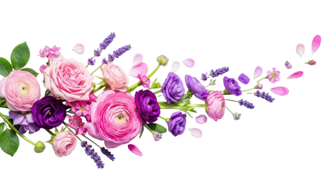 Delicate Floral Arrangement With Pink Roses Purple Ranunculus And Lavender Sprigs Isolated On a transparent Background