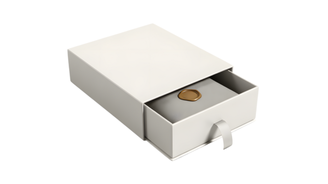 Elegant white sliding drawer gift box with a small golden charm or pendant inside isolated on transparent background