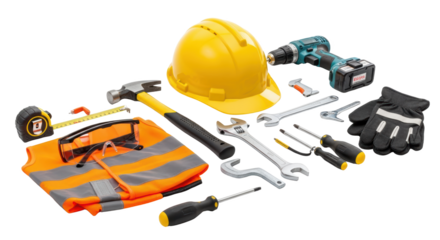 Construction Tools Safety Gear And Hard Hat Isolated On a transparent Background