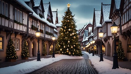 Festive Christmas street scene with snow covered houses and christmas trees