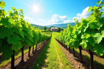 Naklejka premium Sun-Drenched Grapevines and Picturesque Winery in Rolling Hills - Idyllic Vineyard Landscape Under a Clear Blue Sky