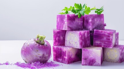 Fresh Purple Vegetables on a Bright Background with Herb Garnish and Colorful Texture for Culinary Use