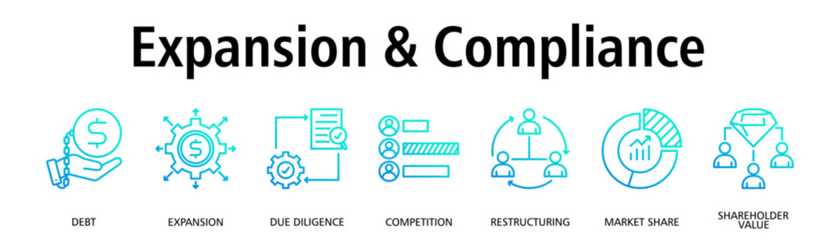 Expansion & Compliance banner web icon vector illustration concept with icon of debt, expansion, due diligence, competition, restructuring, market share, shareholder value
