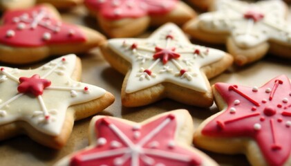 Festive Homemade Christmas Cookies Displayed on a Rustic Wooden Surface with Festive Embellishments. An overhead view of a variety of exquisitely decorated Christmas cookies, including gingerbread