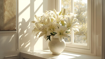 Lily plants in a vase are located in the corner of the room with lighting coming from sunlight in the corner of the window.