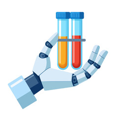 Robotic Hand in Science Holding Test Tubes with Colored Liquid, AI-Driven Laboratory Research