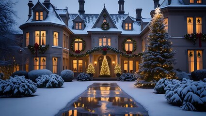 Grand Home Decorated for Christmas with Snow and Elegant Lighting at Twilight