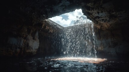 Naklejka premium Cave Interior with Sunlit Waterfall and Sky View