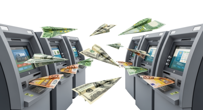 Global Money Transfer Concept With Paper Airplanes Made From Currency Flying Between ATMs Isolated On a transparent Background