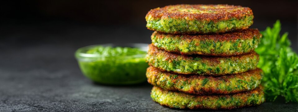 Hara bhara Kabab or Kebab is Indian vegetarian snack recipe served with green mint chutney over moody background. selective focus