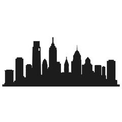 Obraz premium A clean and modern Philadelphia city skyline silhouette, rendered in a striking flat 2D vector style against a crisp plain white background, perfect for urban themes.