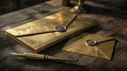 Golden Envelopes with Wax Seals and Quill on Rustic Wooden Table.