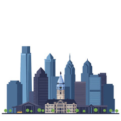 Fototapeta premium Philadelphia's iconic skyline is depicted as a clean, minimalist 2D flat vector illustration featuring tall buildings on a plain white background, perfect for urban themes.