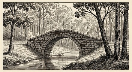 Stone arch bridge landscape river trees forest drawing illustration nature scenic park outdoor scene artwork