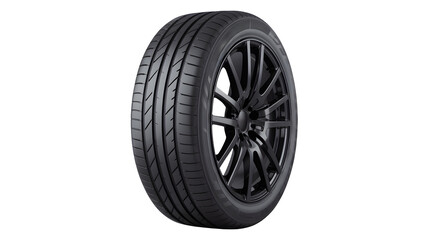 Close up of a new black car tire with a sleek black alloy wheel isolated on transparent background
