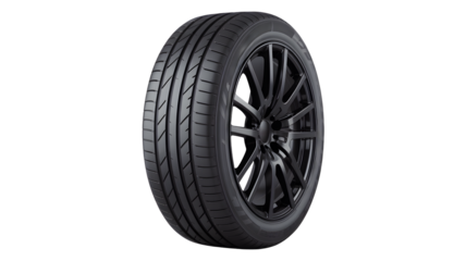 Close up of a new black car tire with a sleek black alloy wheel isolated on transparent background