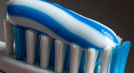 Bright Blue And White Striped Toothpaste Topped On A Toothbrush: Essential For Daily Oral Hygiene And Effective Dental Care Routine