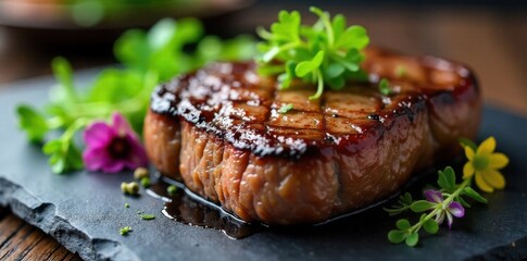 Artfully plated gourmet steak with vibrant edible garnishes on a dark slate, capturing rich textures and deep colors. A perfectly seared gourmet steak, glistening with its own juices, resting on a