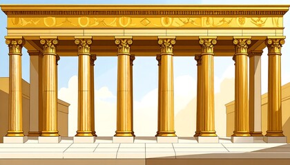 A vibrant depiction of an ancient golden structure, featuring symmetrical columns and ornate detailing against a blue sky