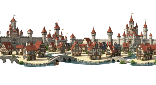 Pixel Art Medieval Town With Castle and River Scene Isolated On a transparent Background