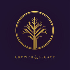 Fototapeta premium Vector art of golden tree logo symbolizing growth and legacy on a dark purple background