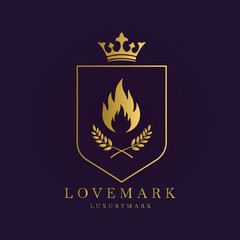 Vector art of golden shield emblem with a flame and laurel branches, topped with a crown, on a dark purple background