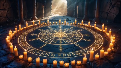 Glowing Arcane Circle on Stone Floor Mystical Atmosphere