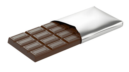 Delicious milk chocolate bar with foil wrapper partially open showing segmented squares isolated on transparent background