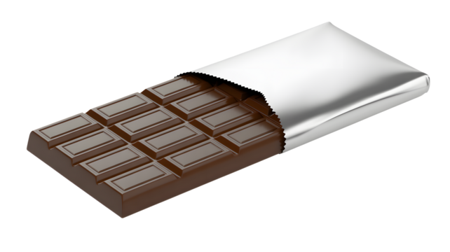 Delicious milk chocolate bar with foil wrapper partially open showing segmented squares isolated on transparent background