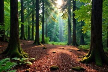 Tranquil Forest Clearing with dappled sunlight A serene forest clearing bathed in dappled sunlight. Sunlight streams through a dense canopy of trees, creating patterns on the mossy ground and