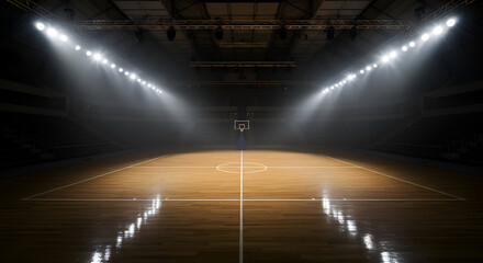 Dynamic Atmosphere of an Empty Basketball Court Surrounded by Bright Arena Lights and Hints of Competition Ahead