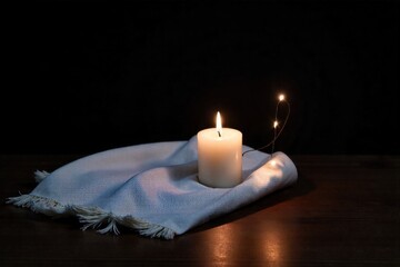 Symbolic objects of remembrance and quiet reflection, emphasizing absence and memory. A single unlit taper candle on a dark wooden surface, near a draped, heavy fabric. Subtle light falls from an