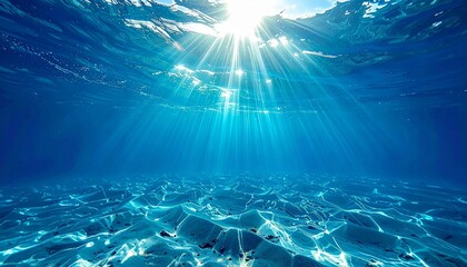 Fototapeta premium Sunlight Streaming Underwater – Serene Ocean Floor with Rippling Sand and Light Rays