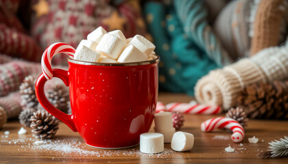 a red mug filled with hot cocoa topped with marshmallows and a candy cane. features soft, warm-toned knit fabrics, contributing to a christmas cozy ambiance