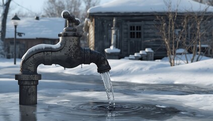 Winter thaw with faucet and running water melting ice in a snowy landscape