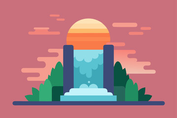 Obraz premium Stylized waterfall and sunset landscape illustration