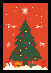 Christmas Tree Vector with Peace, Love, Joy on Red Background.