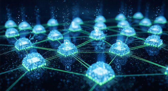 A futuristic digital grid of interconnected luminous nodes, visualizing the complex architecture of a decentralized data network and information flow