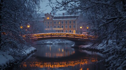 Winter wonderland cityscape featuring a charming bridge over a river with snow covered trees