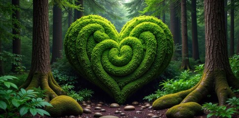 Abstract Geometric Heart in Lush Nature An abstract, geometric heart shape formed entirely from interwoven moss, delicate fern fronds, and smooth river stones, bathed in soft, dappled sunlight
