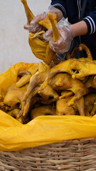 Traditional Colombian yellow hen prepared for cooking typical countryside food Gallina amarilla tradicional colombiana preparada para la cocina típica del campo
