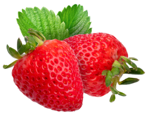 two fresh strawberries with green leaves on white background.