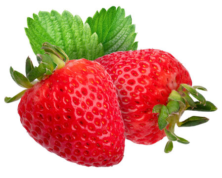 two fresh strawberries with green leaves on white background. - Powered by Adobe
