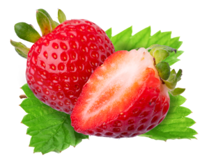 fresh strawberry fruits, one cut in half, on white background.