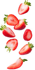 sliced strawberries falling on white background