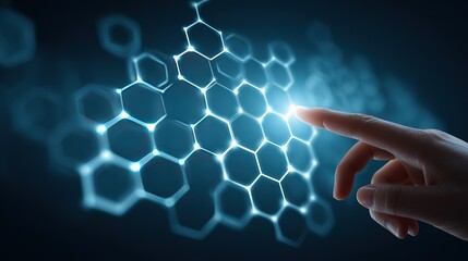 Finger Touching Blue Glowing Hexagonal Network: Tech Interaction Scene
