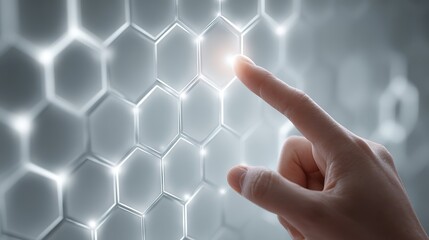 Finger Touching Light-Toned Glowing Hexagonal Structure: Tech Touch Interface Scene