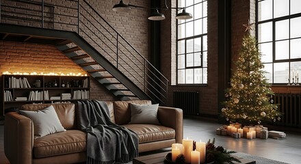 Cozy loft apartment with a Christmas tree, leather sofa, and industrial-style staircase, decorated for the holidays.
