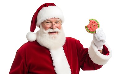 Santa Claus in his traditional red suit and hat, holding a bitten cookie shaped like a slice of watermelon.